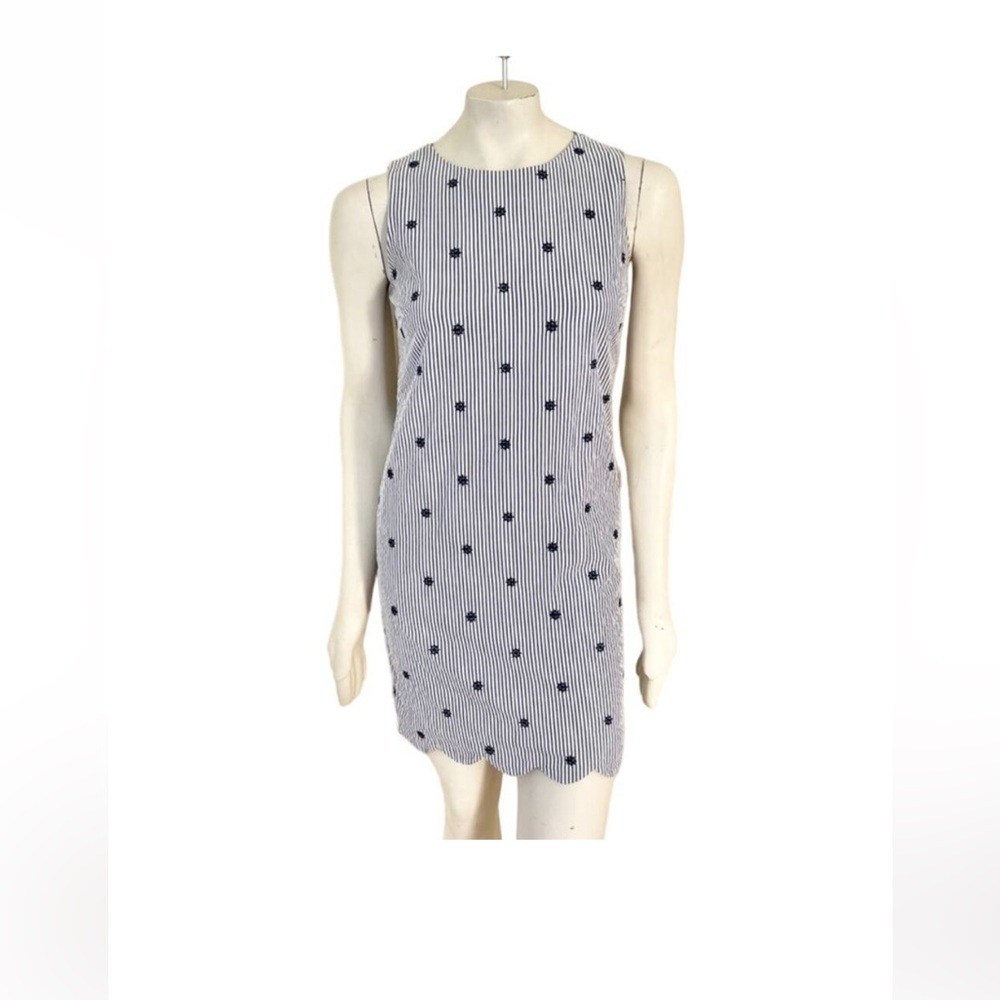 Cynthia Rowley sz 8 Blue white seersucker stripe dress bicycle embroidery preppy